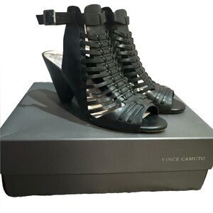 Vince Camuto Black Women's Leather Heeled Strappy Sandals Size 10 Original Box
